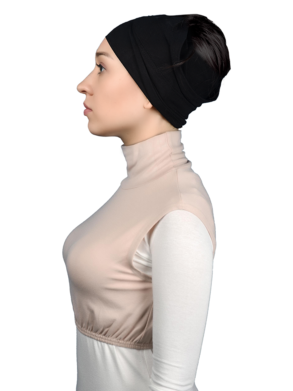 Bej Sıfır Kol Balıkçı Yaka Tam Boğazlı Elastanlı Penye Kadın Yarım Body-2