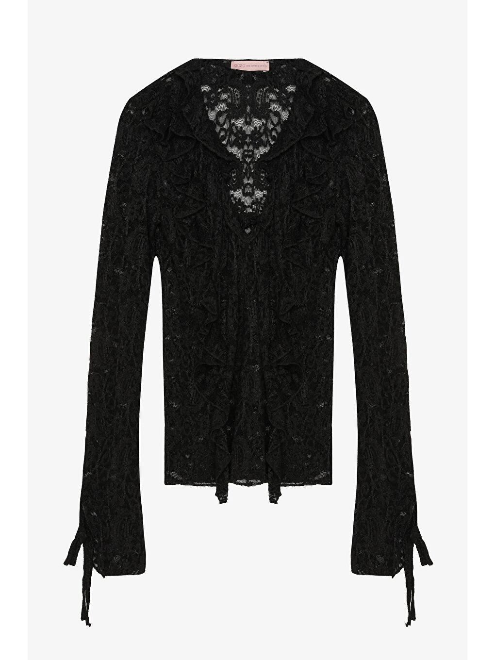 Fırfırlı V Yaka Dantel Bluz Siyah