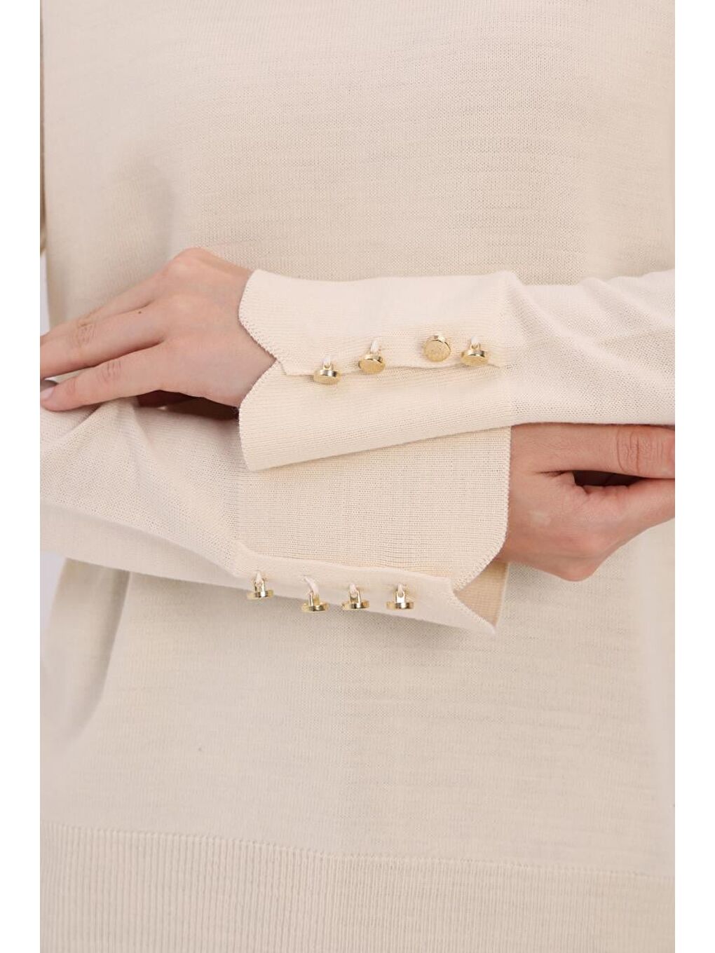 Bej Ten-Kolları Düğmeli Kazak-4