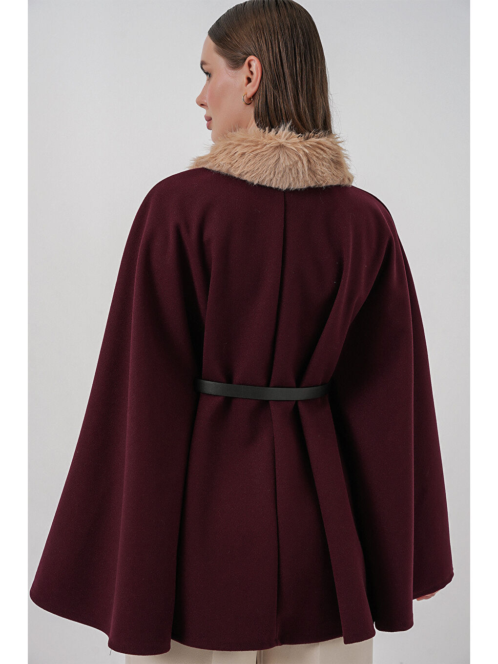 Kadın Kemerli Kaşe Panço 9165 - Bordo-5