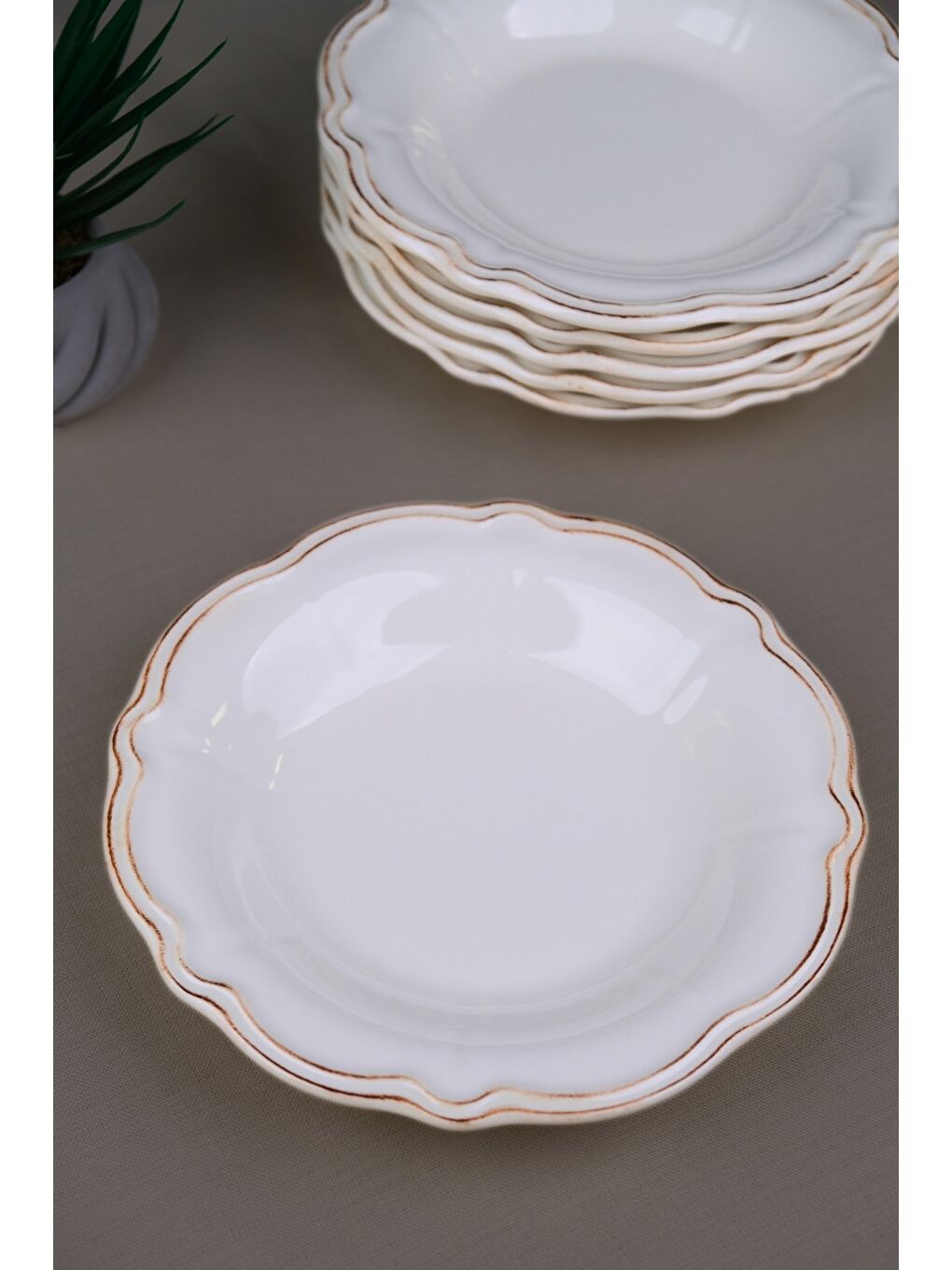 Beyaz Porselen Antik Stoneware Çukur Tabak 22cm 6 Kişilik 6 Parça-2