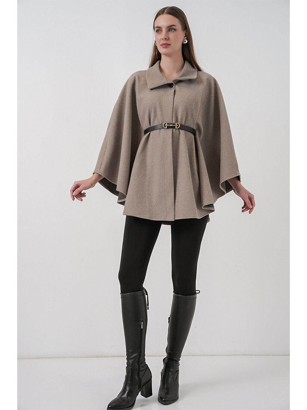 Bej Kadın Kemerli Kaşe Panço 9170 - Taş-1