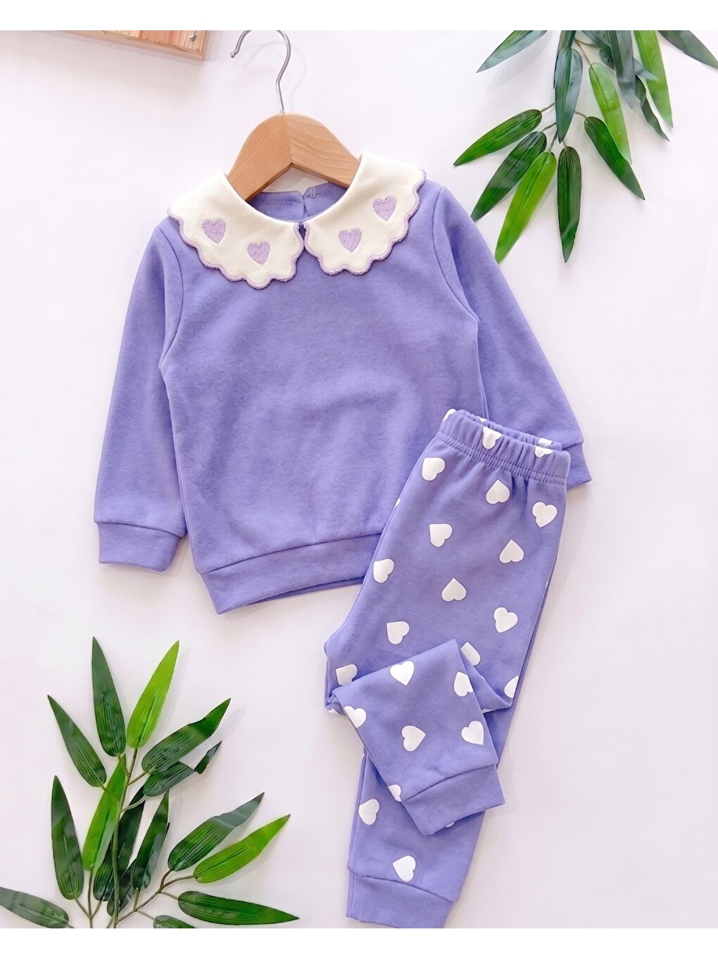 Lila Kız Bebek Mevsimlik Kalp Baskılı Bebe Yakalı 9-12-18-24 Aylık Dar Kalıplı 2'li Alt Üst Bebek Takımı