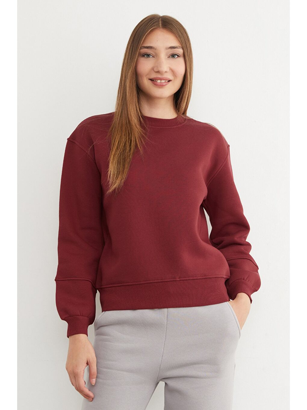 Bordo 3 İplik Basic Bisiklet Yaka Sweatshirt