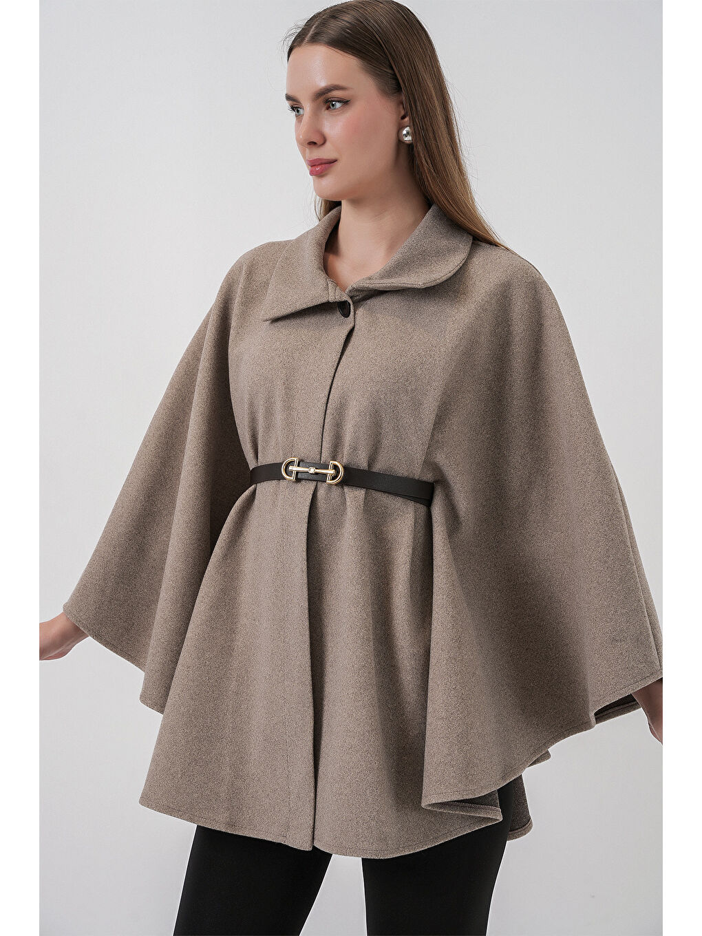 Bej Kadın Kemerli Kaşe Panço 9170 - Taş-2