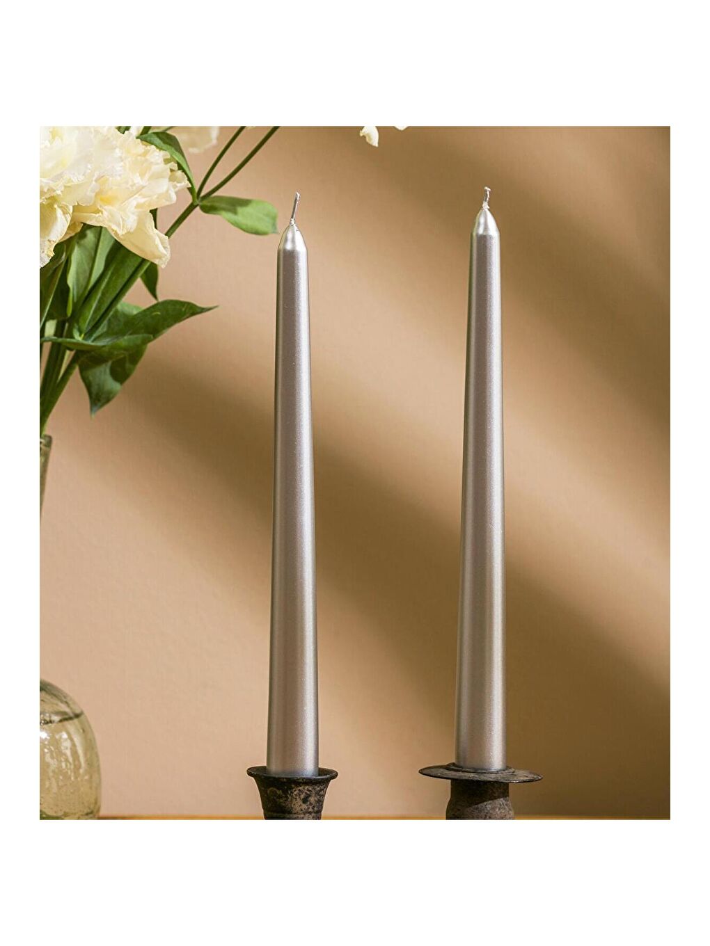 2'li Premium Metalik Gri Şamdan Mumu 25 Cm - Yılbaşı Mumu-2
