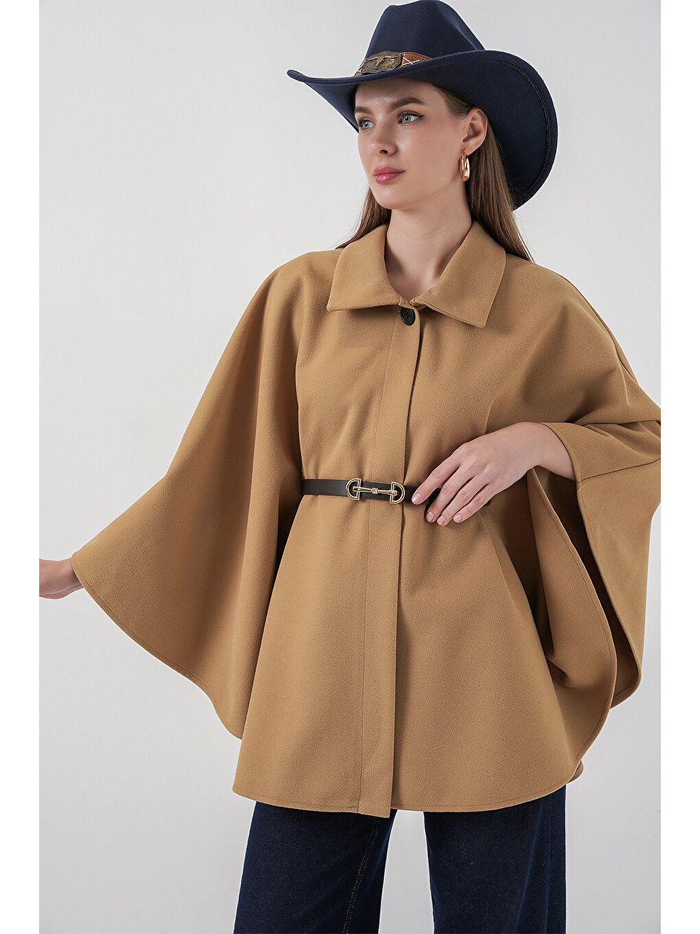 Bej Kadın Kemerli Kaşe Panço 9170 - Bisküvi