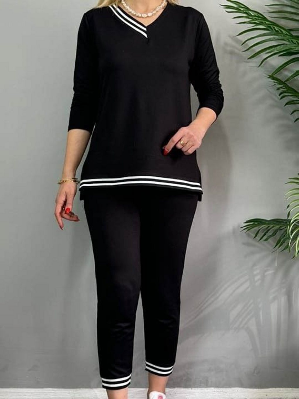 Siyah Kadın Uzun Kollu Ribana Detaylı İkili Takım-1