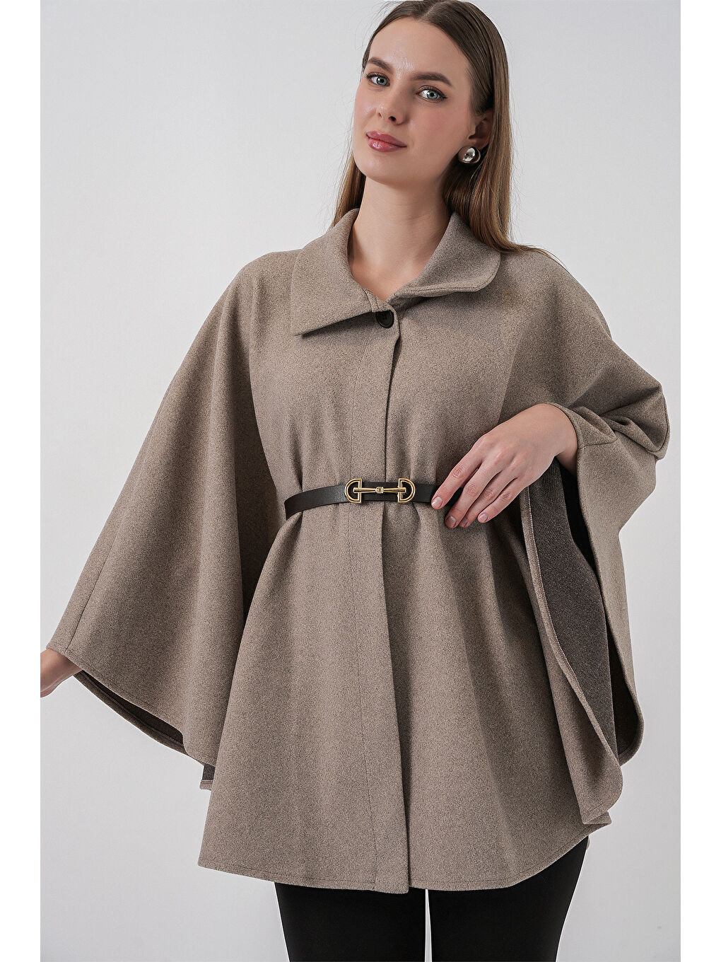 Bej Kadın Kemerli Kaşe Panço 9170 - Taş-3