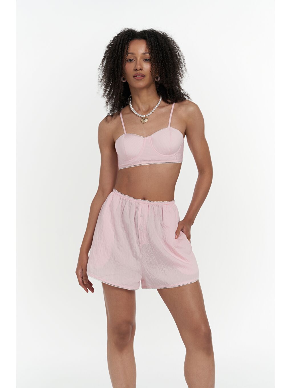 Leda Dantel Detay Şortlu Pembe Üçlü Takım-2