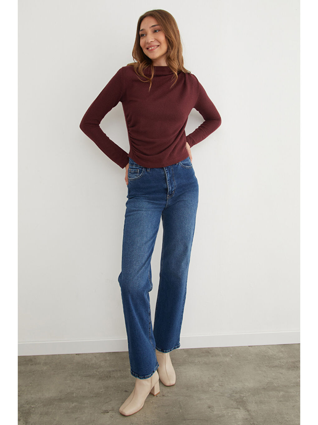 Bordo Yanı Drapeli Dik Yaka Triko Bluz-1