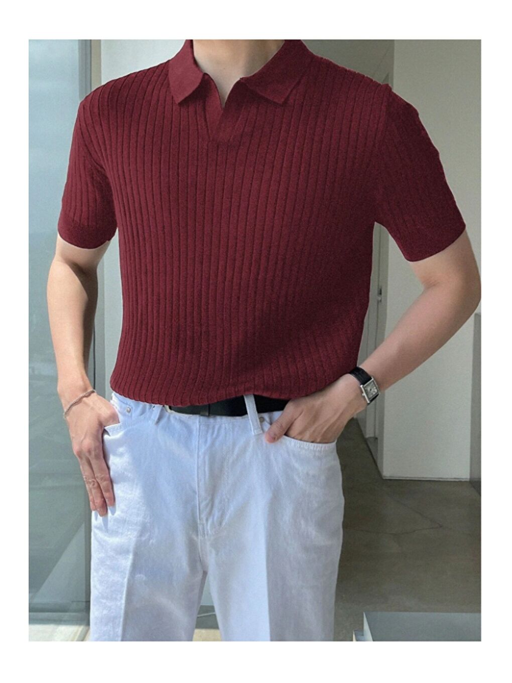 Bej Erkek Fitilli Polo Yaka Triko T-Shirt-10