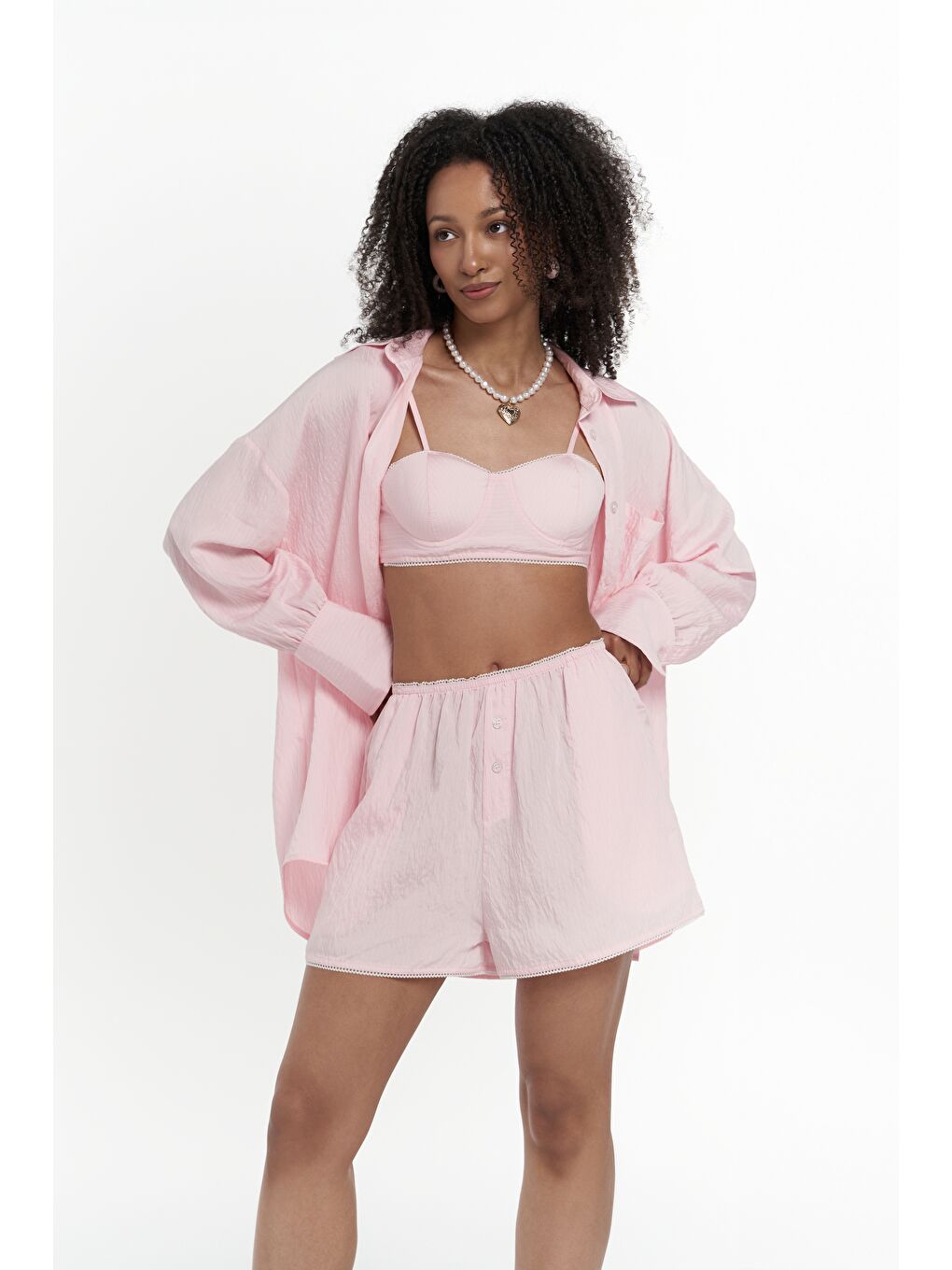 Leda Dantel Detay Şortlu Pembe Üçlü Takım-3