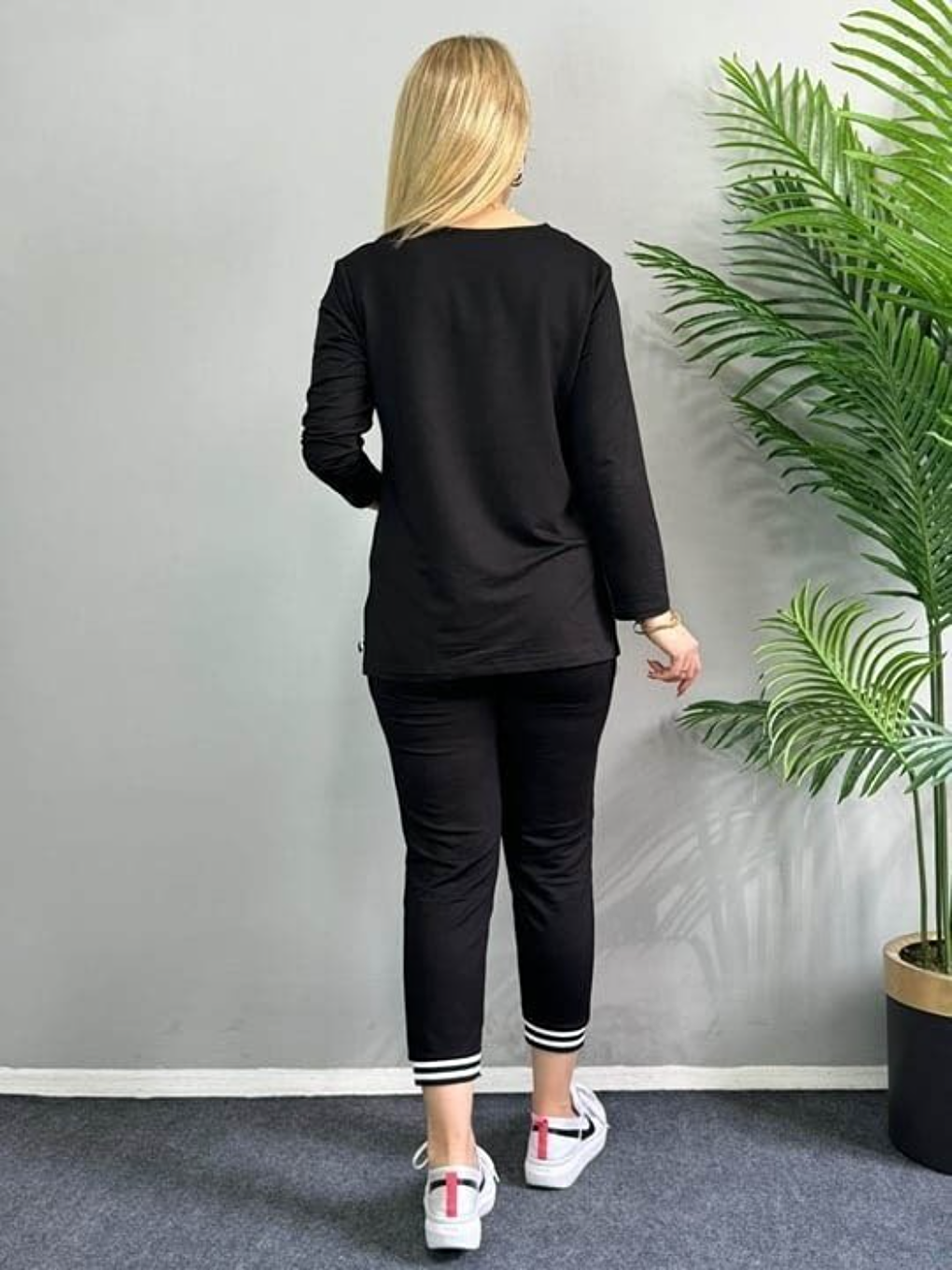 Siyah Kadın Uzun Kollu Ribana Detaylı İkili Takım-2