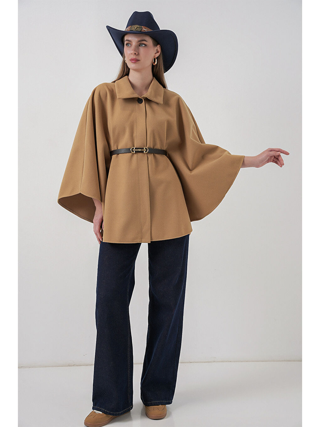 Bej Kadın Kemerli Kaşe Panço 9170 - Bisküvi-1