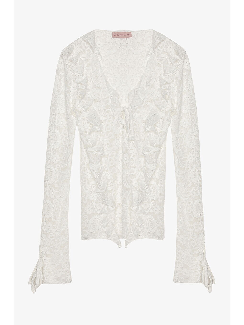 Fırfırlı V Yaka Dantel Bluz Ekru