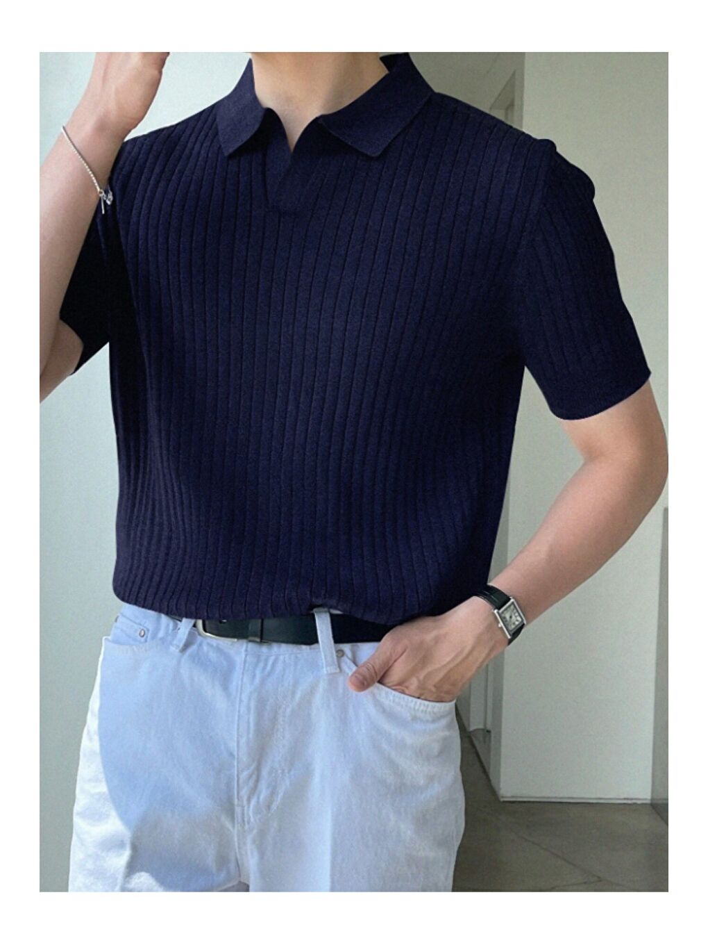 Gri Erkek Fitilli Polo Yaka Triko T-Shirt-4