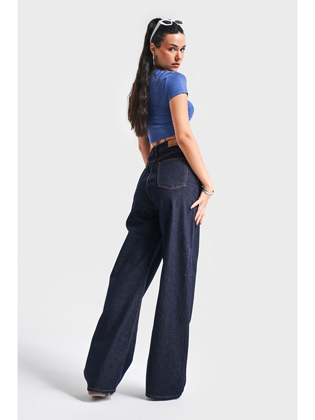 Siyah Kadın Lacivert Su Yıkama Olea 7W4-50 Wide Leg Fit %100 Pamuk Denim Jean-4