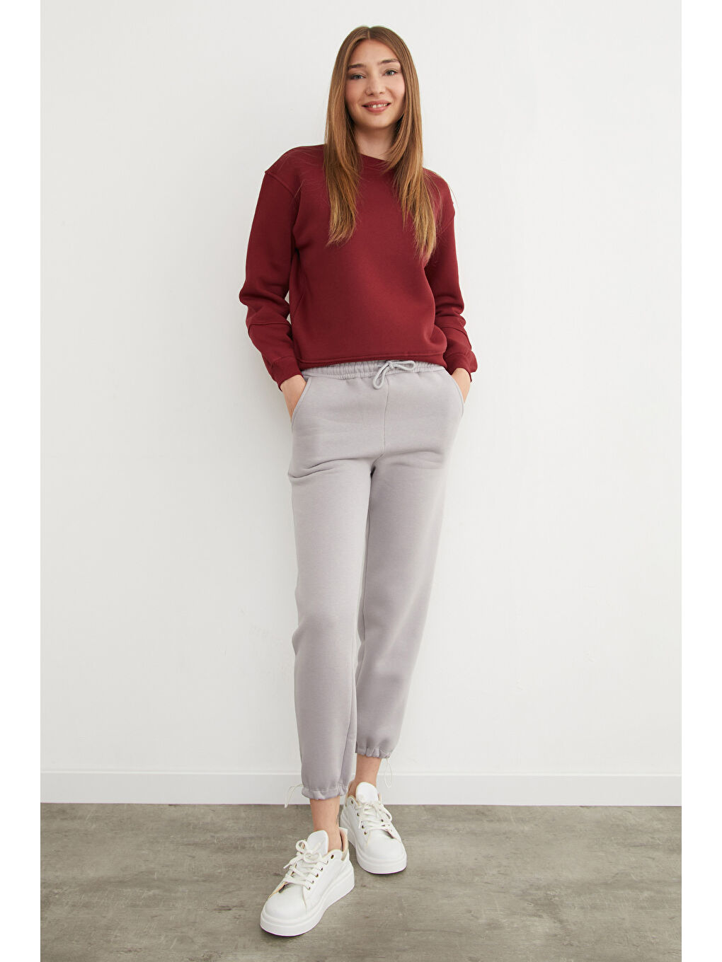 Bordo 3 İplik Basic Bisiklet Yaka Sweatshirt-1