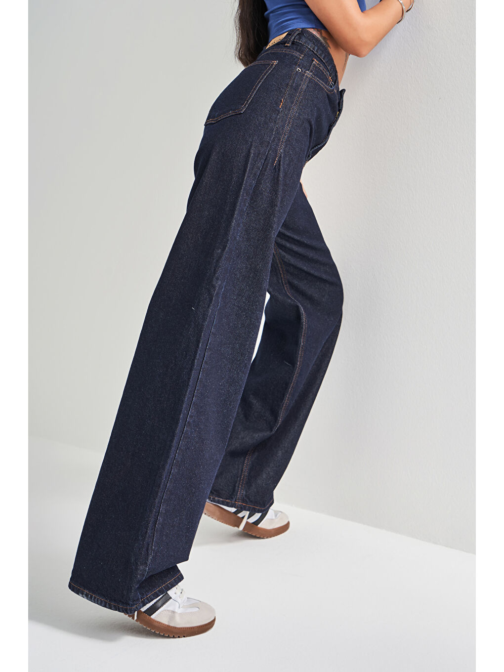 Siyah Kadın Lacivert Su Yıkama Olea 7W4-50 Wide Leg Fit %100 Pamuk Denim Jean-5
