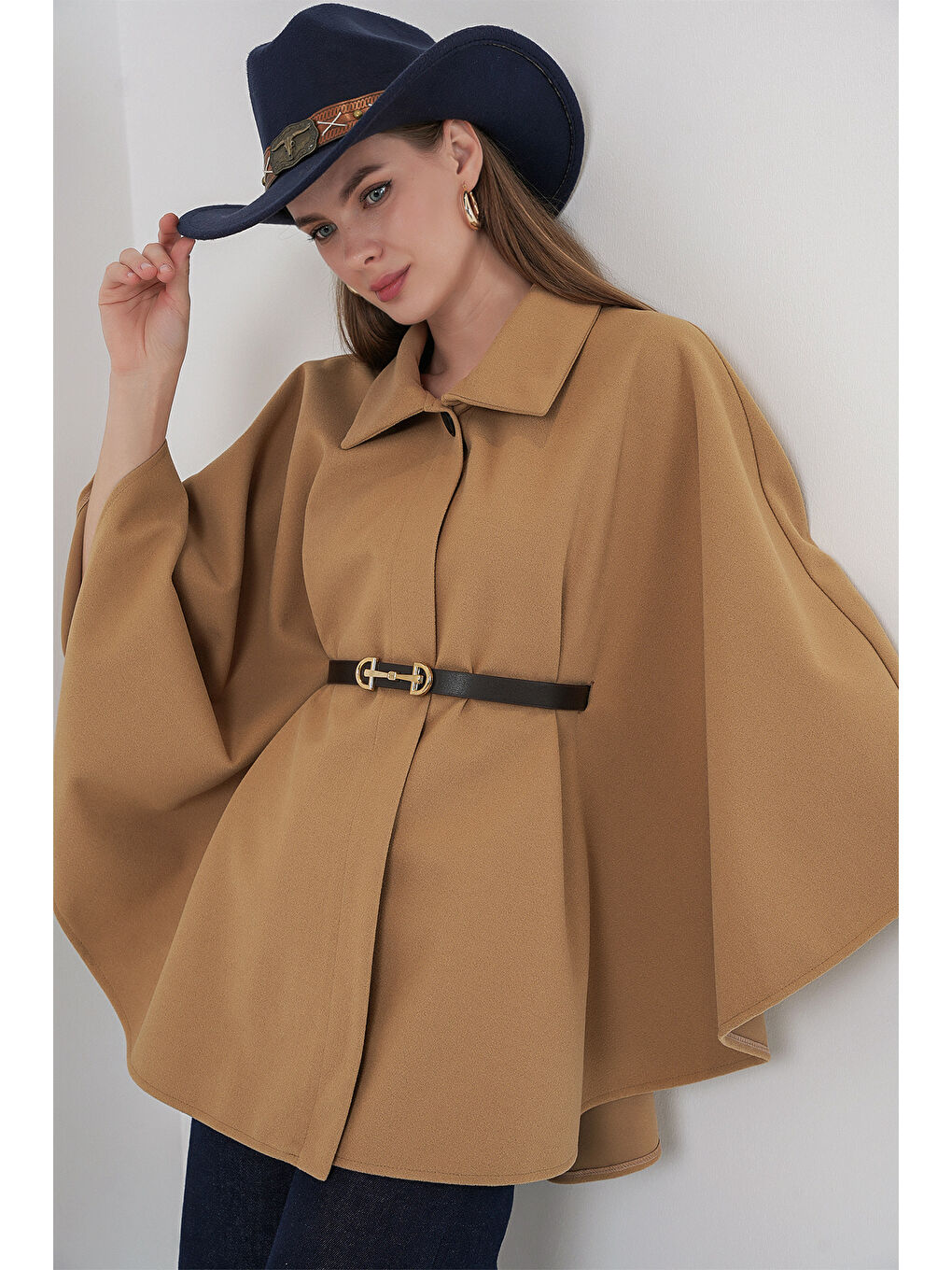 Bej Kadın Kemerli Kaşe Panço 9170 - Bisküvi-2