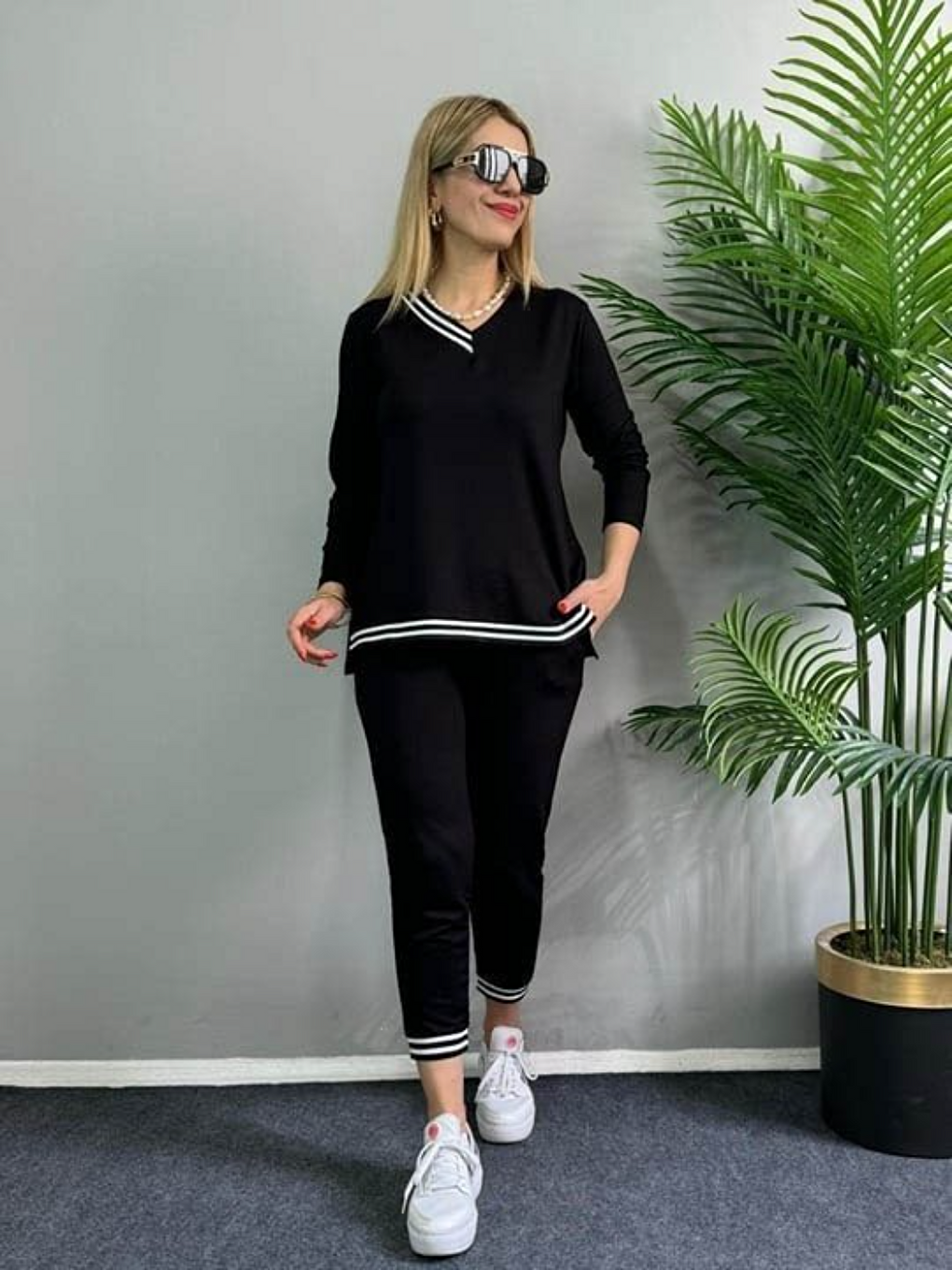 Siyah Kadın Uzun Kollu Ribana Detaylı İkili Takım-3