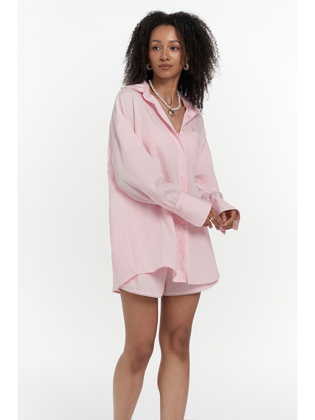 Leda Dantel Detay Şortlu Pembe Üçlü Takım-5