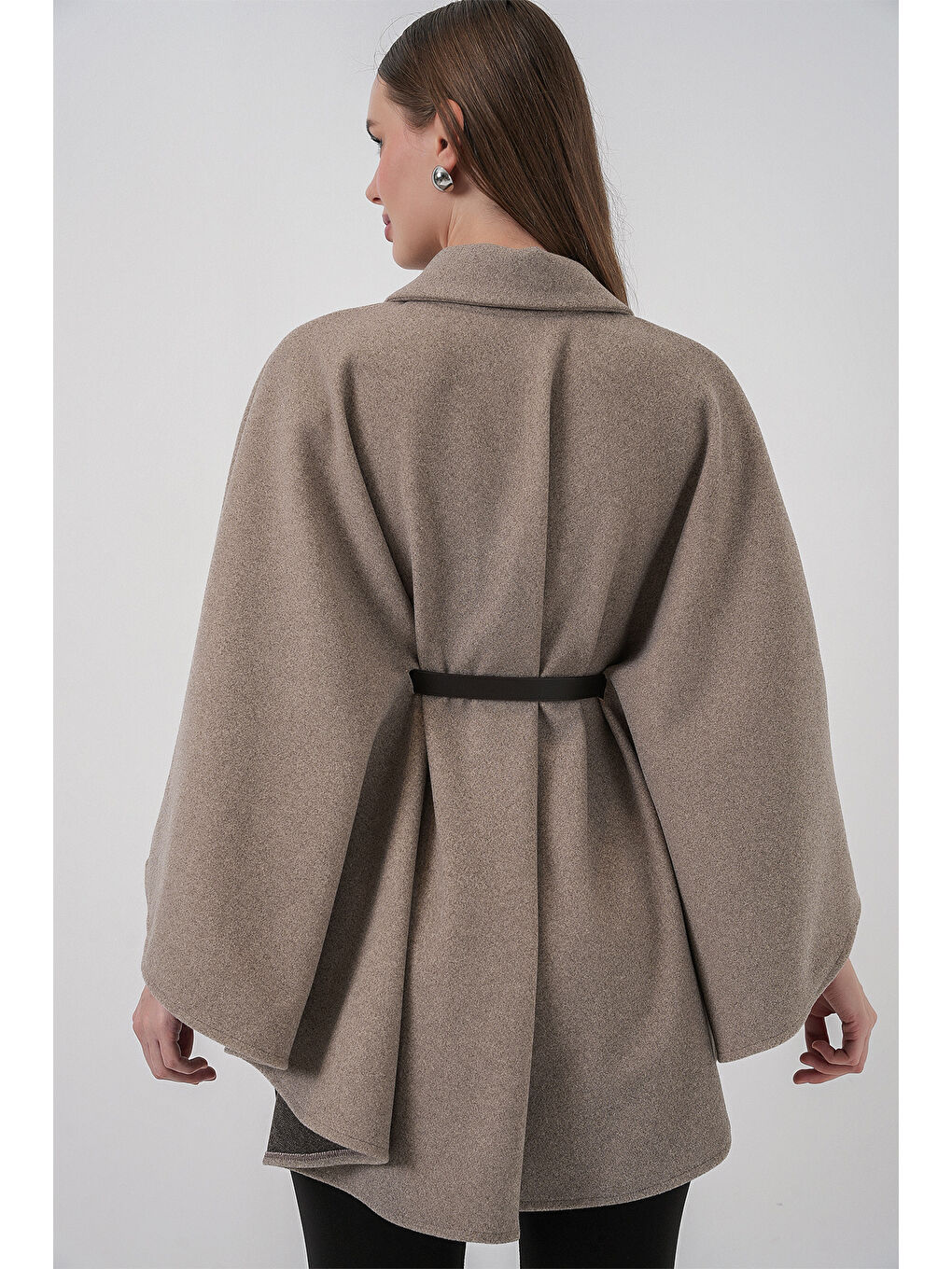 Bej Kadın Kemerli Kaşe Panço 9170 - Taş-5