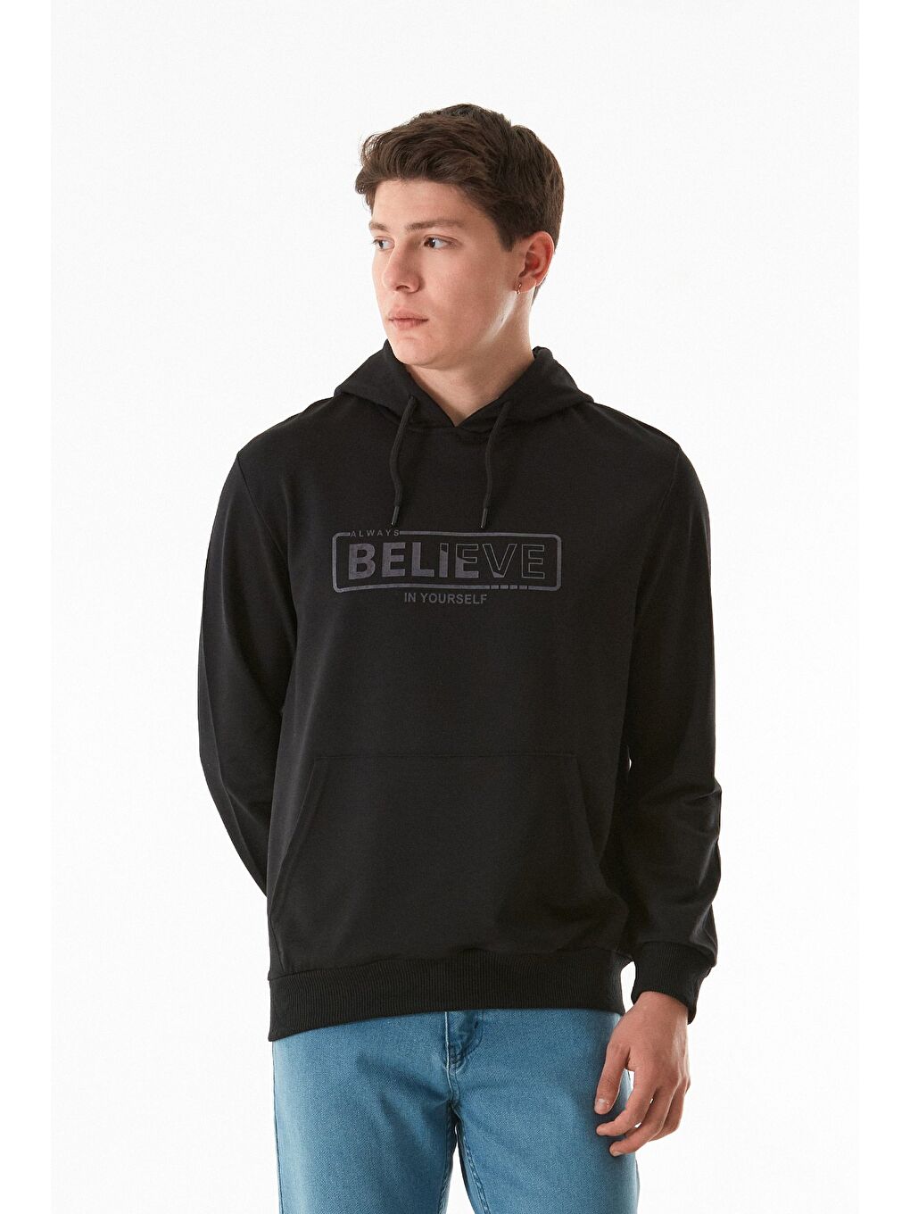 Fullamoda Siyah Believe Baskılı Kapüşonlu Sweatshirt