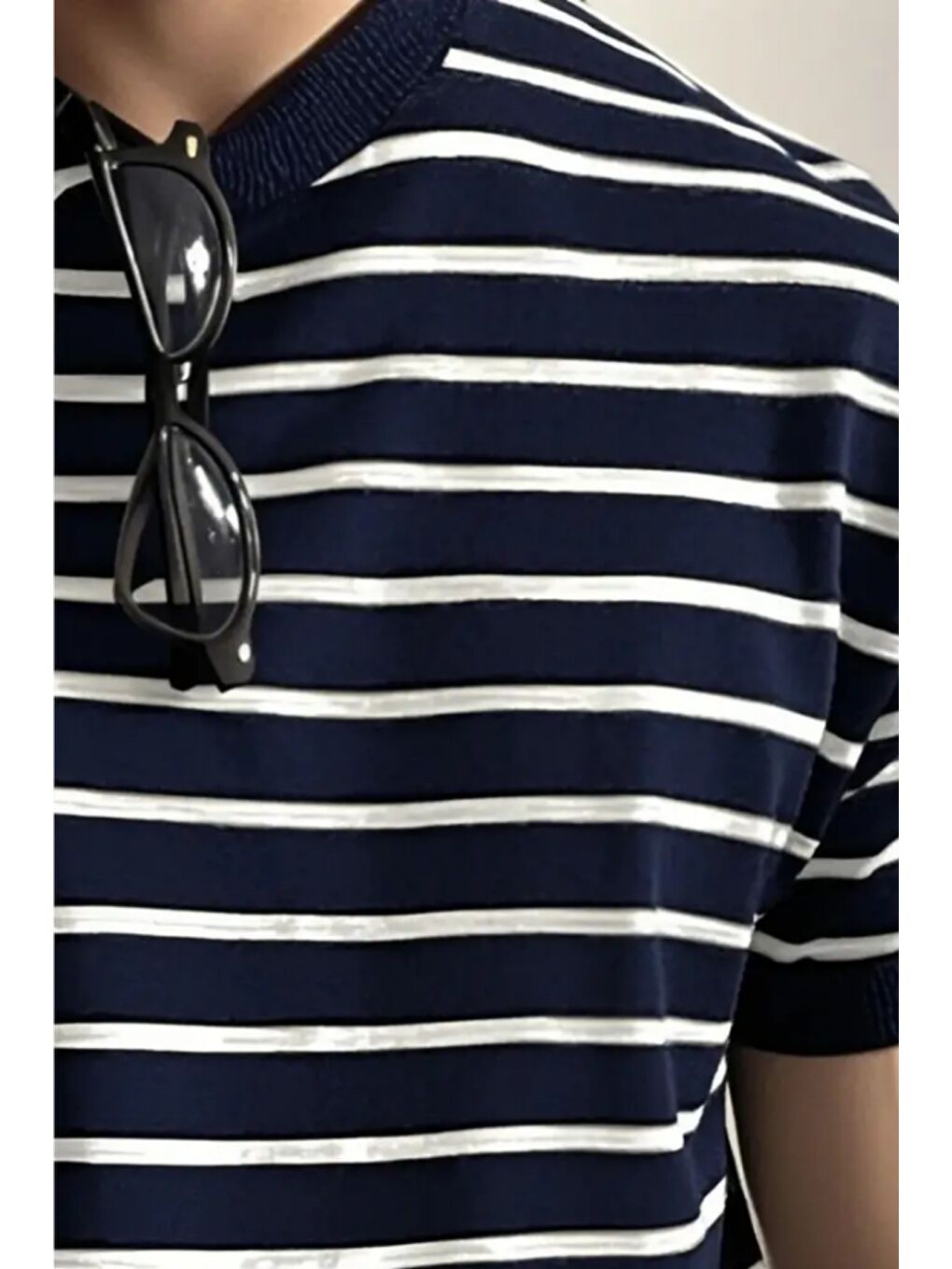 Lacivert Erkek Kısa Kollu Fitilli Akrilik-Pamuk Karışımlı Triko T-Shirt-1