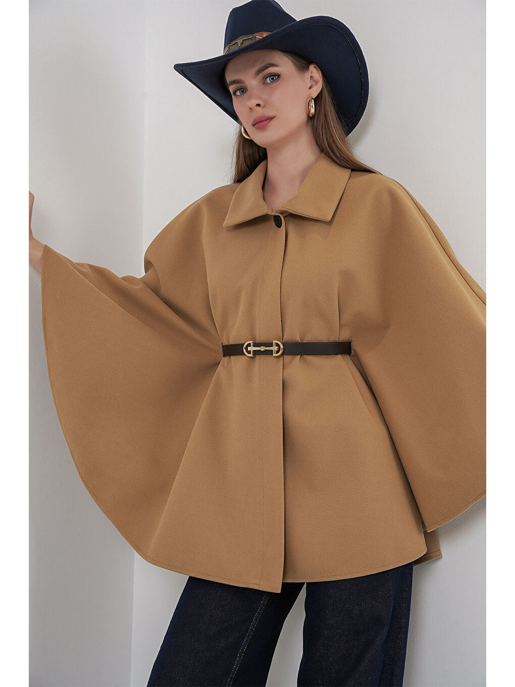 Bej Kadın Kemerli Kaşe Panço 9170 - Bisküvi-3