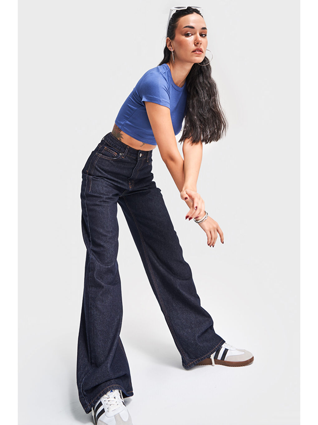 Siyah Kadın Lacivert Su Yıkama Olea 7W4-50 Wide Leg Fit %100 Pamuk Denim Jean-6