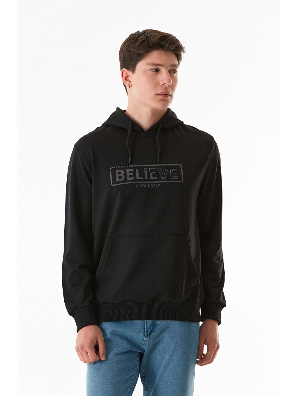 Fullamoda Siyah Believe Baskılı Kapüşonlu Sweatshirt - 1