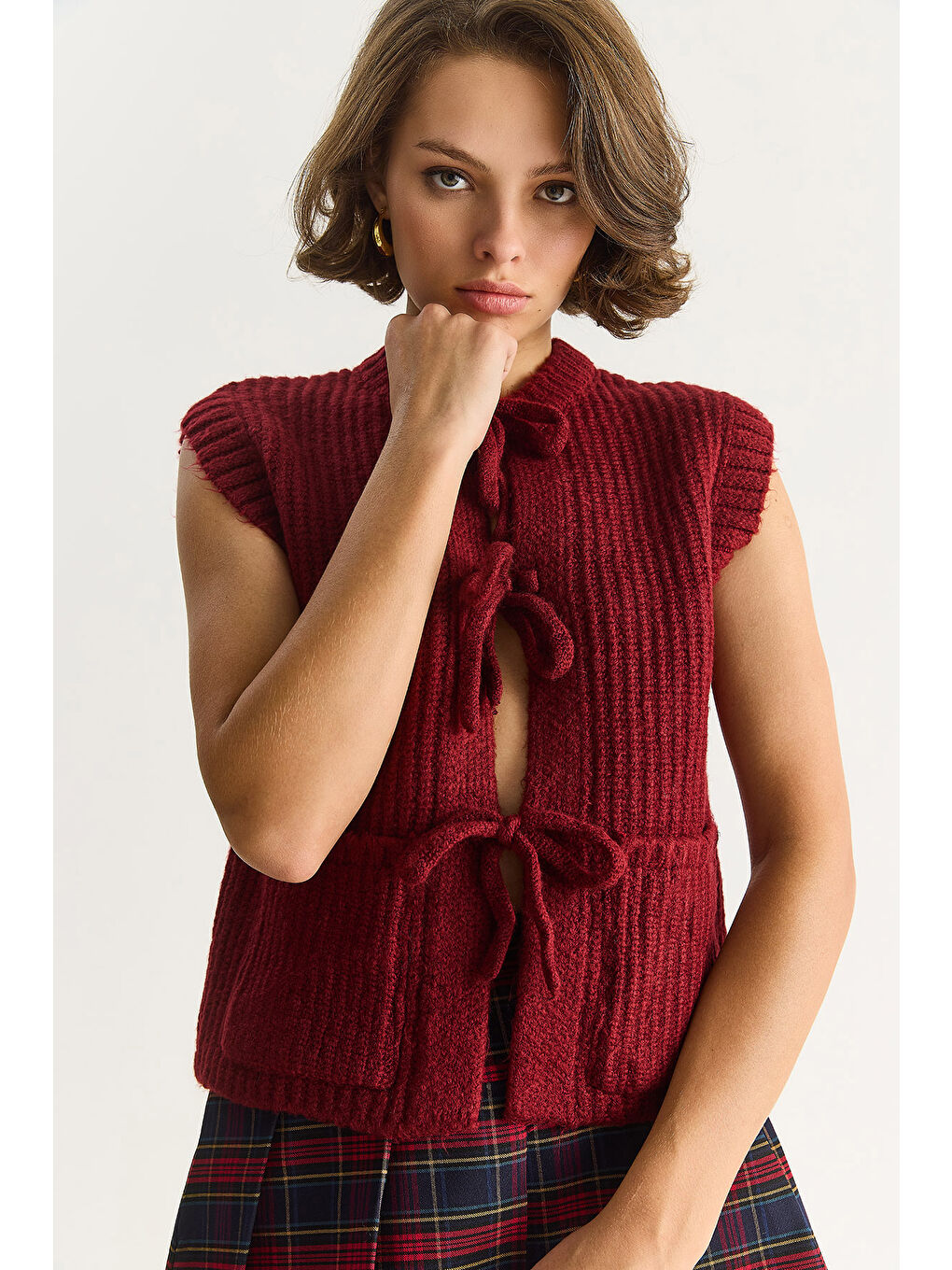 Bordo Kadın Önden Bağlamalı Cep Detaylı Triko Yelek-2