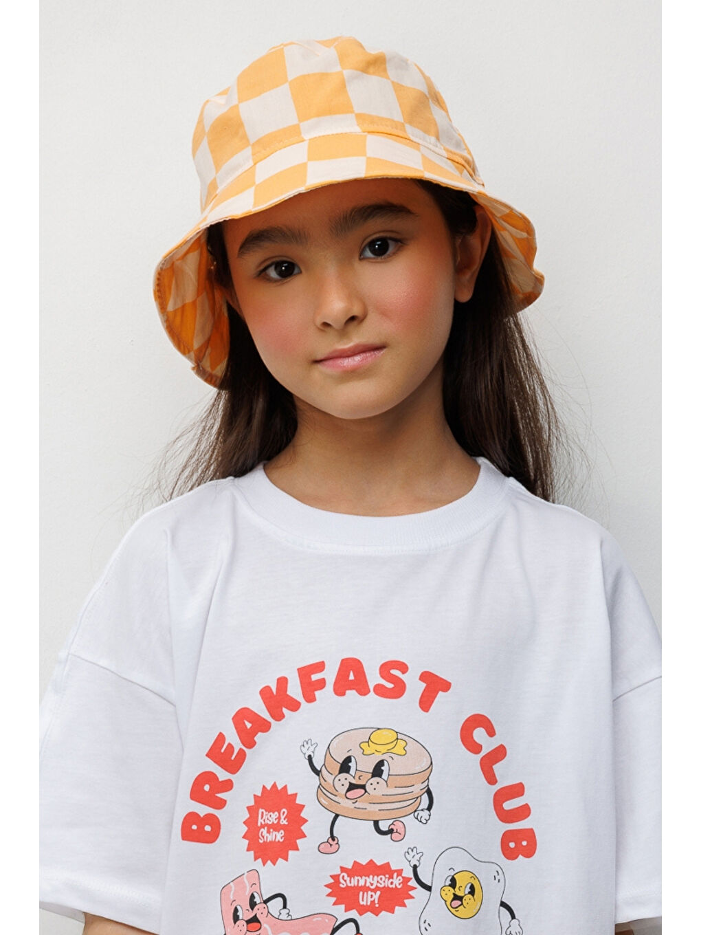 Turuncu  Dama Desenli Çocuk Bucket Şapka-1