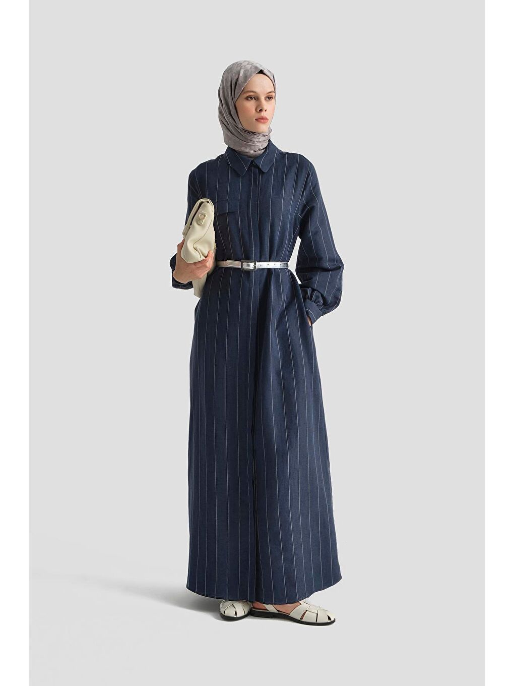 Çizgili Keten Elbise 25Y9019 Lacivert-1