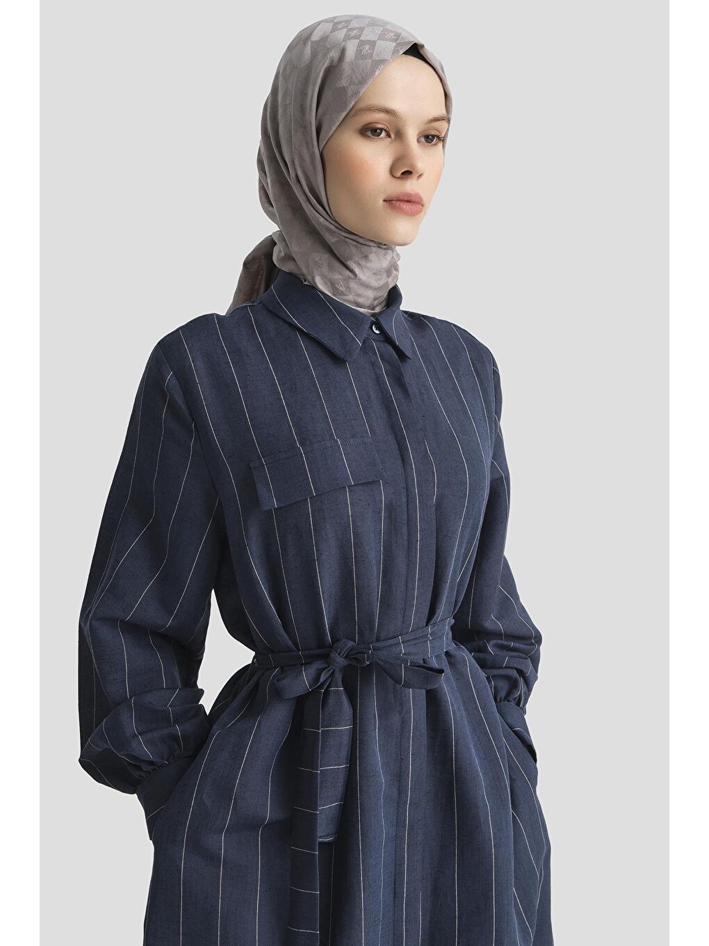 Çizgili Keten Elbise 25Y9019 Lacivert-2