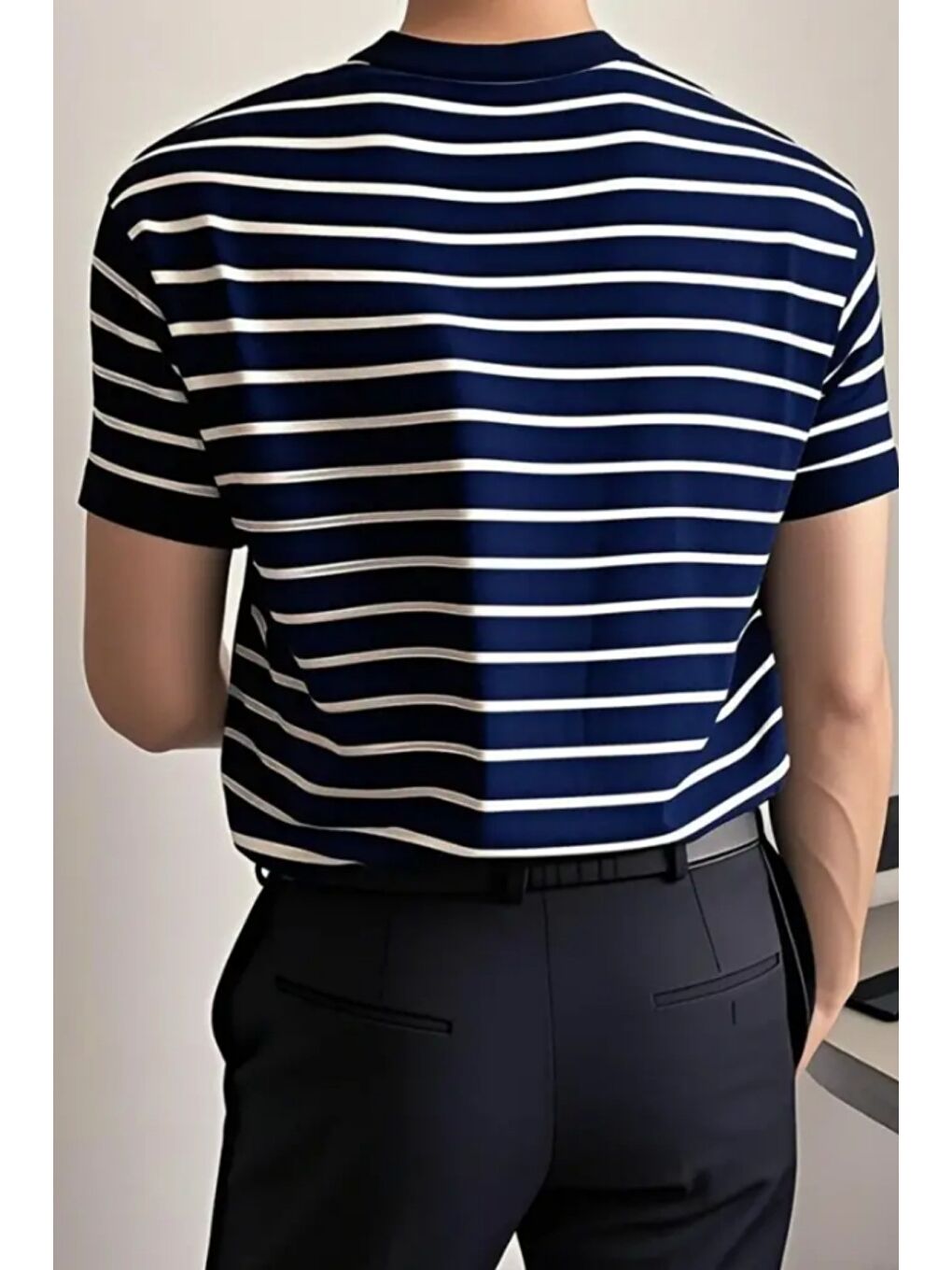 Lacivert Erkek Kısa Kollu Fitilli Akrilik-Pamuk Karışımlı Triko T-Shirt-2