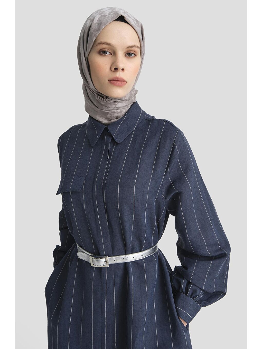 Çizgili Keten Elbise 25Y9019 Lacivert-3