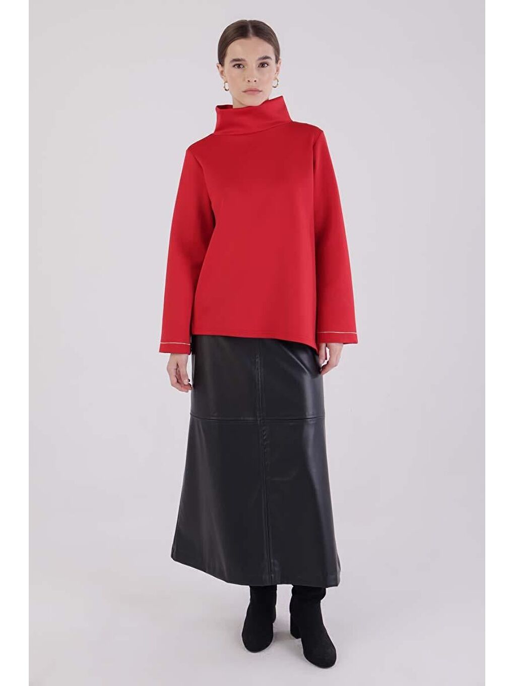 Kırmızı-Dik Yaka Kolu Yırtmaçlı Scuba Bluz-1