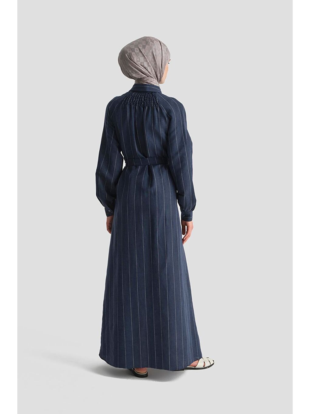Çizgili Keten Elbise 25Y9019 Lacivert-4