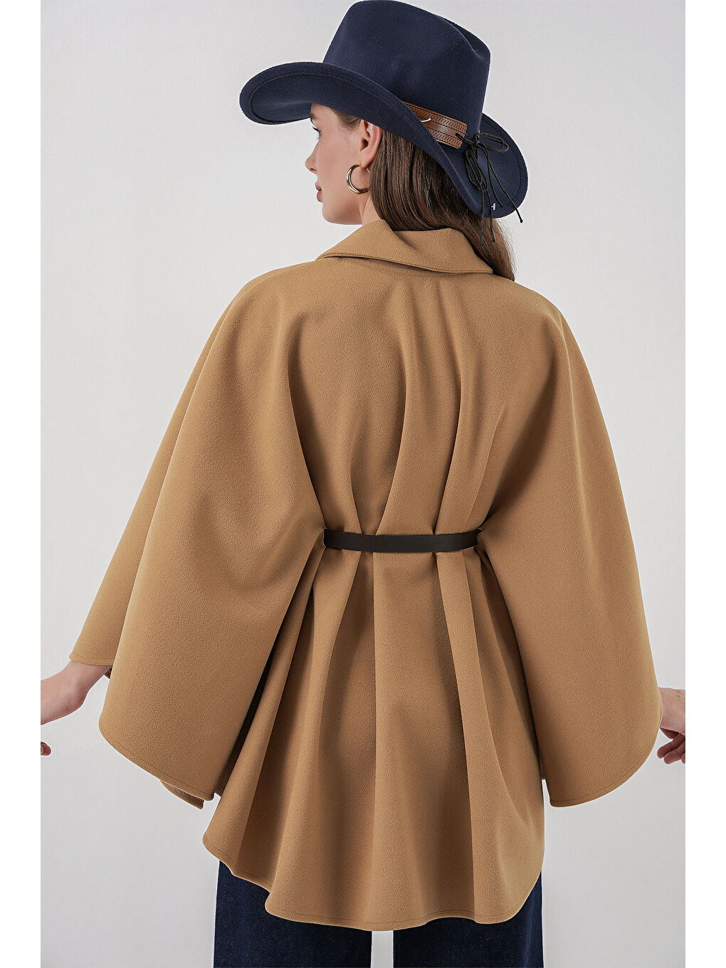 Bej Kadın Kemerli Kaşe Panço 9170 - Bisküvi-5