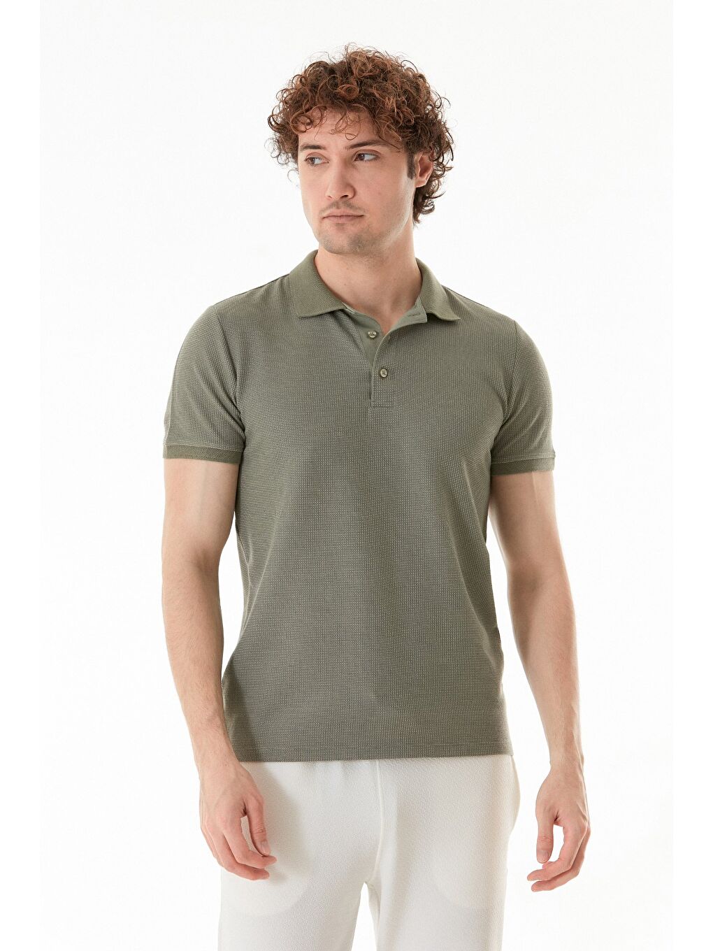 Yeşil Waffle Kumaş Slim Fit Polo Yaka Tişört