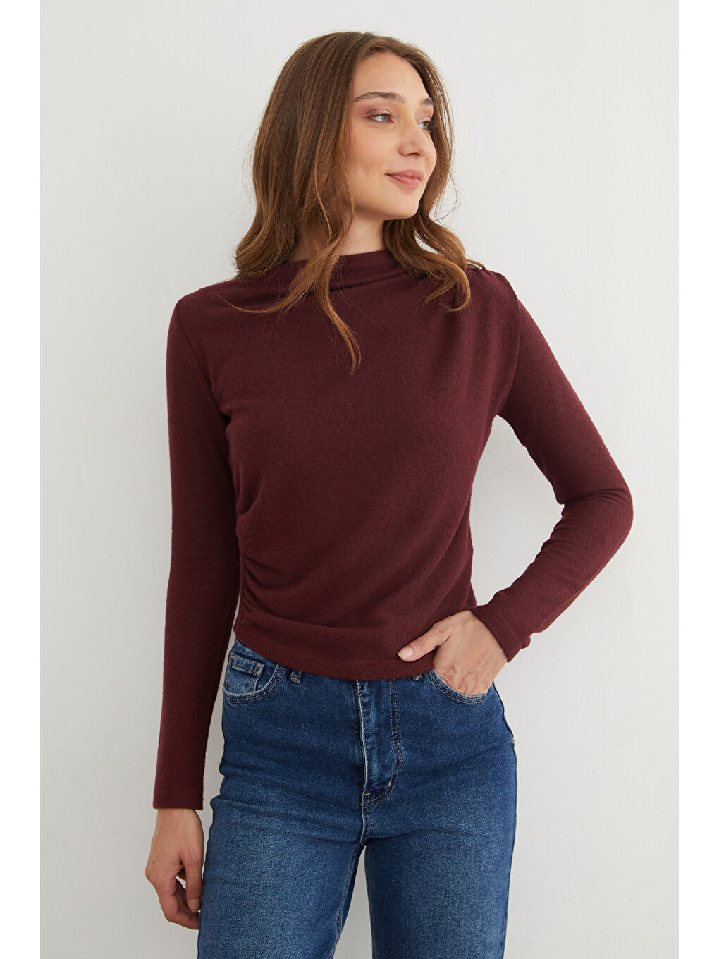 Bordo Yanı Drapeli Dik Yaka Triko Bluz-2