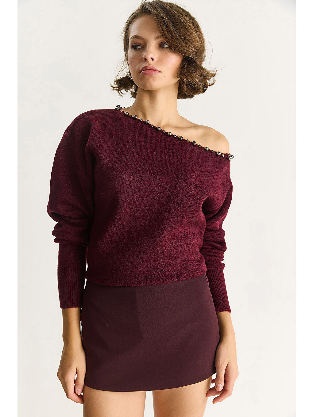 Bordo Kadın Taş İşleme Detaylı Tek Omuz Triko Kazak TK-2