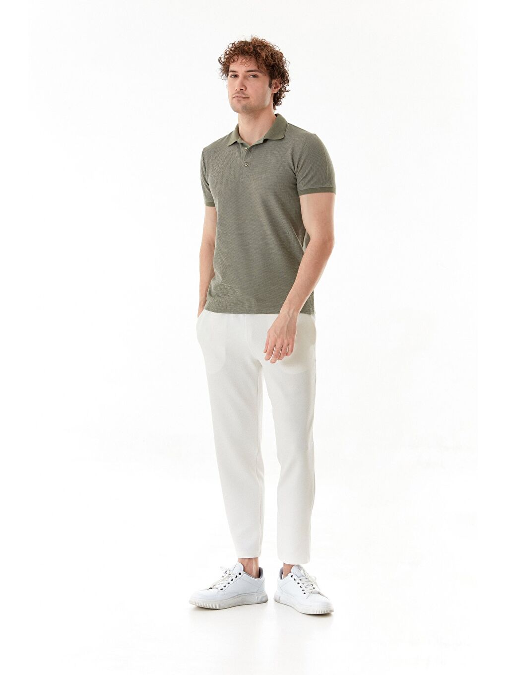 Yeşil Waffle Kumaş Slim Fit Polo Yaka Tişört-2
