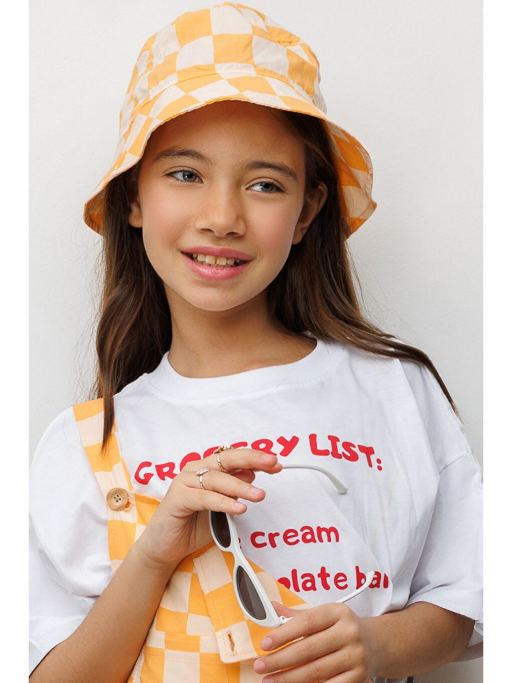 Turuncu  Dama Desenli Çocuk Bucket Şapka-2