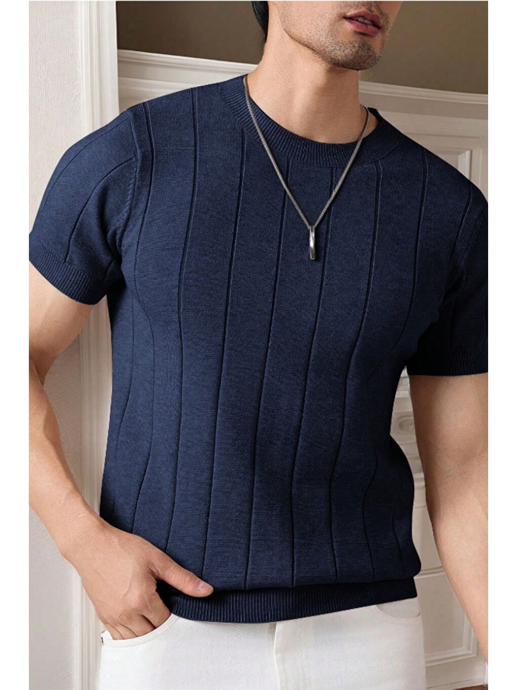 Lacivert Erkek Fit Dokulu Kısa Kollu Bisiklet Yaka Triko Tişört