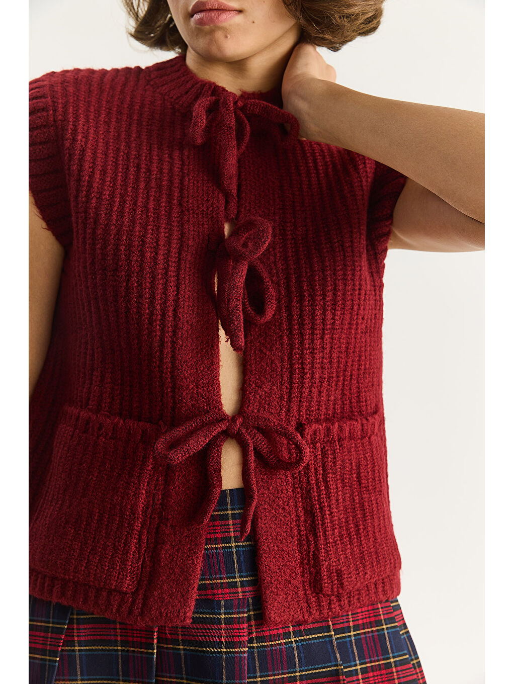 Bordo Kadın Önden Bağlamalı Cep Detaylı Triko Yelek-5