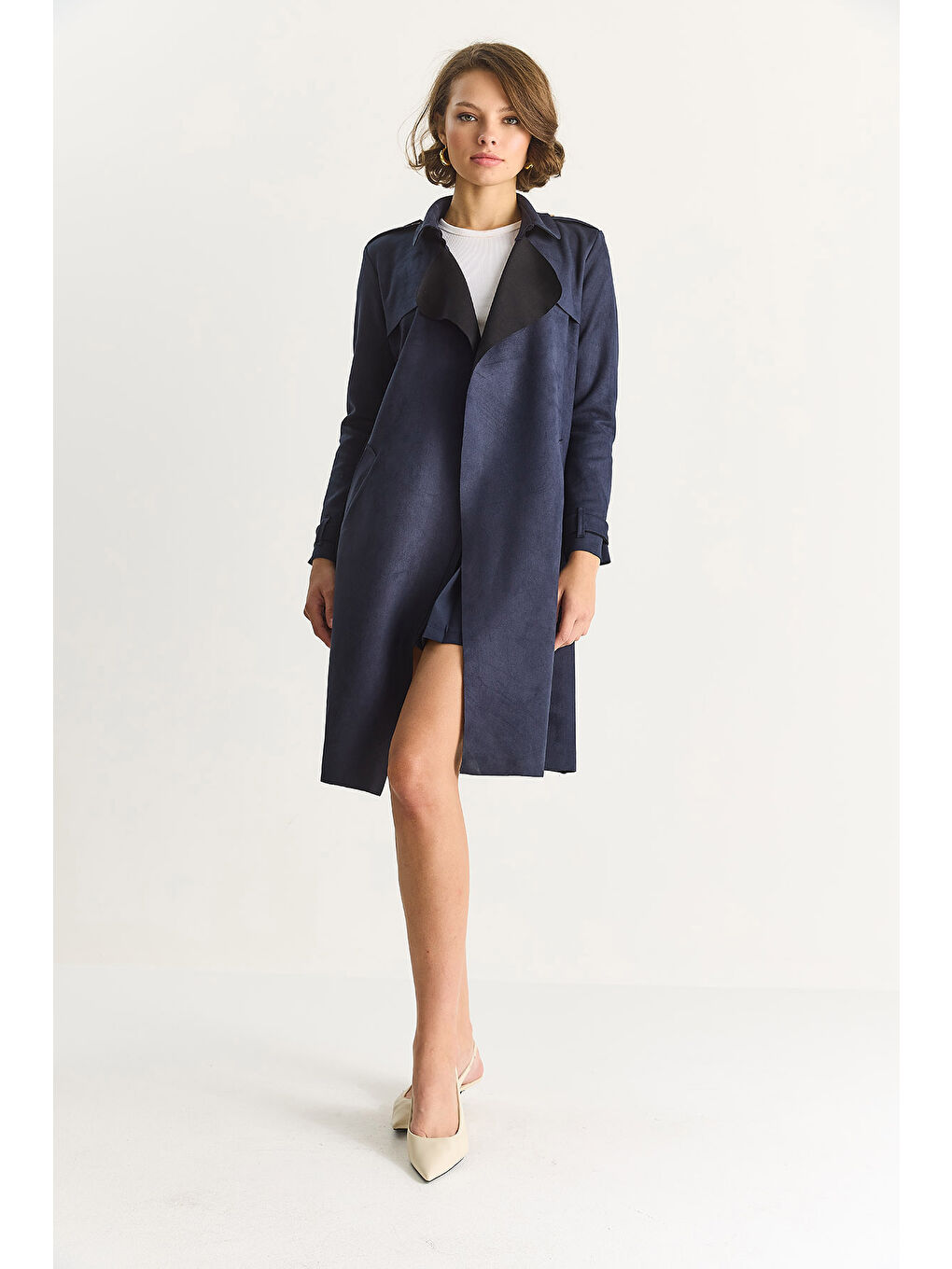 Lacivert Kadın Kruvaze Yaka Dökümlü Kuşaklı Süet Trençkot --2